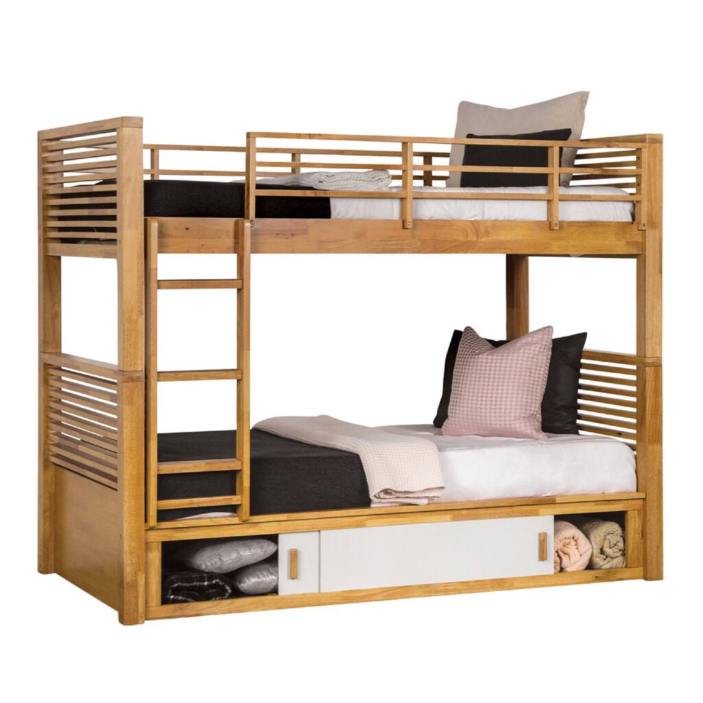 Dilu Twin over Twin Bunk Bed, Light Oak Brown Hardwood, Reversible Ladder