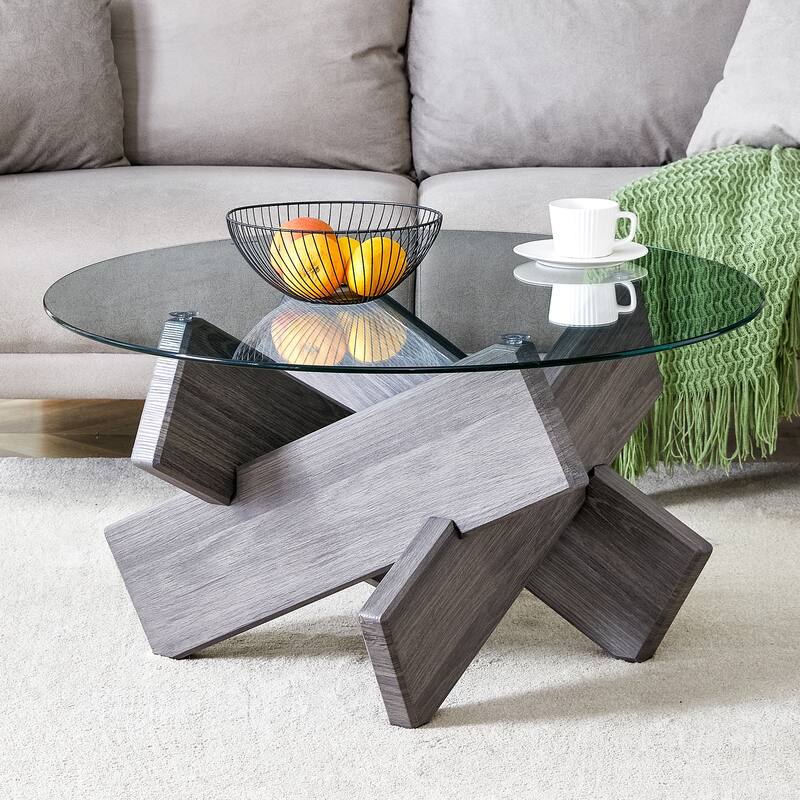 33.4" Modern Round Coffee Table with Clear Tempered Glass Top and MDF Legs for Living Room