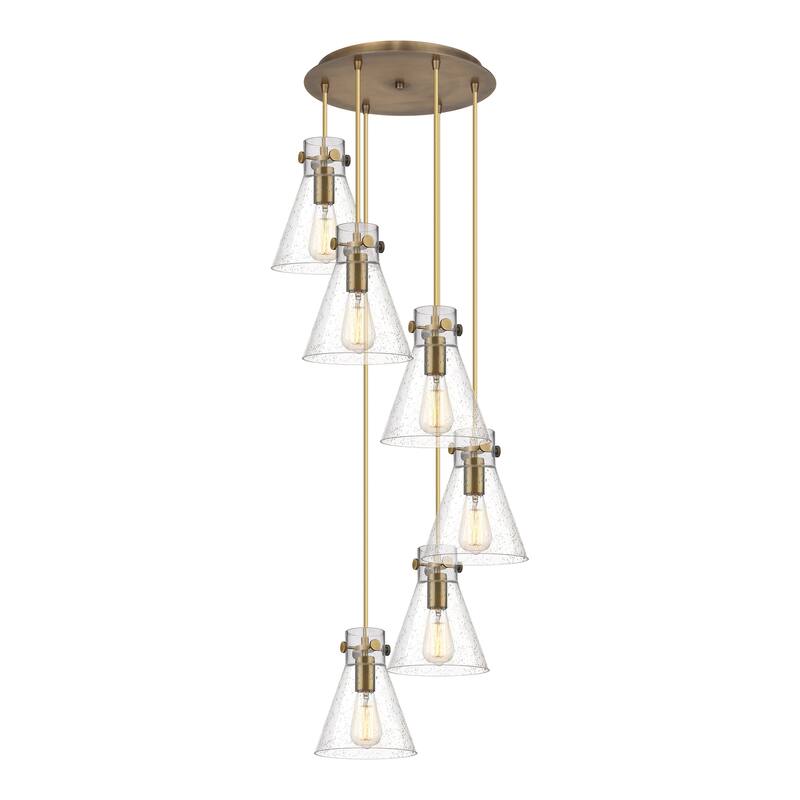 Innovations Lighting Newton Cone - 6 Light 8" Cord Hung Multi Pendant - 14" Canopy - Brushed Brass/Seedy