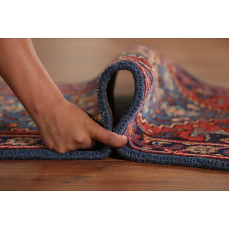 Hand Knotted Oriental 100% Wool Carpet Traditional Geometric Navy Blue & Blues Heriz (serapi) Runner Rug - 7' 10'' X 2' 7''