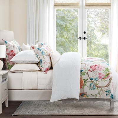 HiEnd Accents Rowan Washed Linen Watercolor Botanical Floral and Birds Design 3 Piece Comforter with 2 Pillow Shams