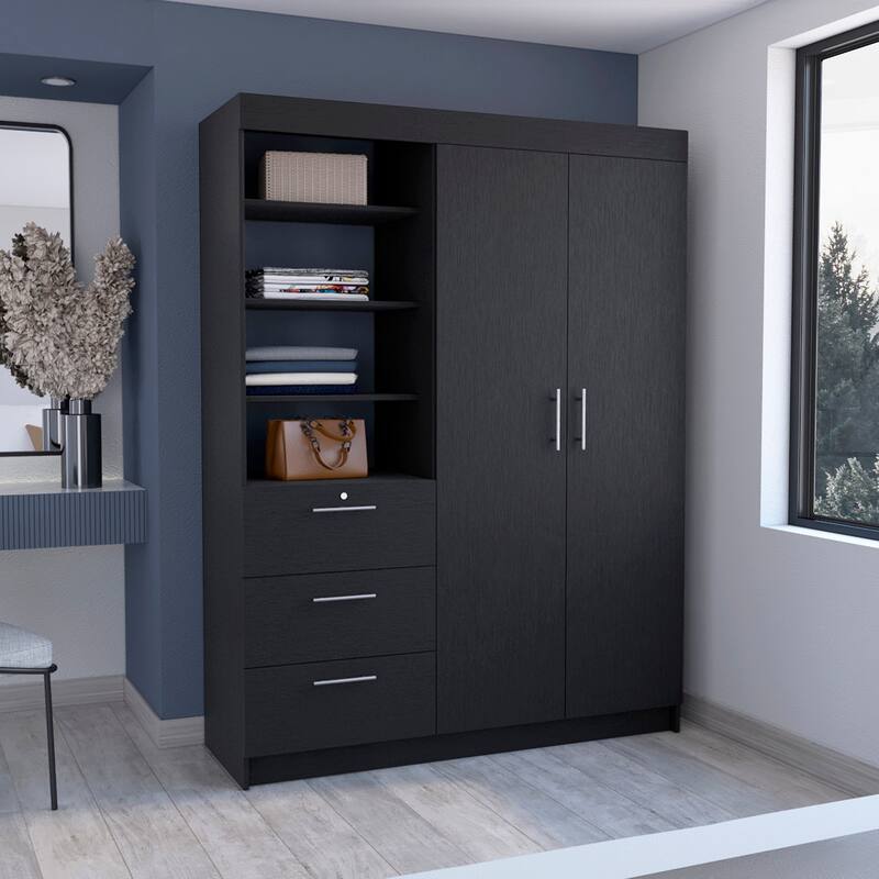 20.4" Modern Double-door Armoire with Hanging Rods, 3 Drawers and 3-Tier Shelf - Black