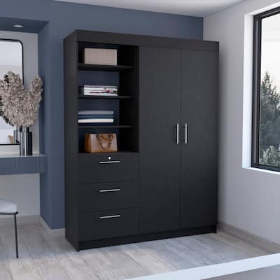 Rectangle 2-Door Armoire with Drawers and 3-Tier Shelves, Black