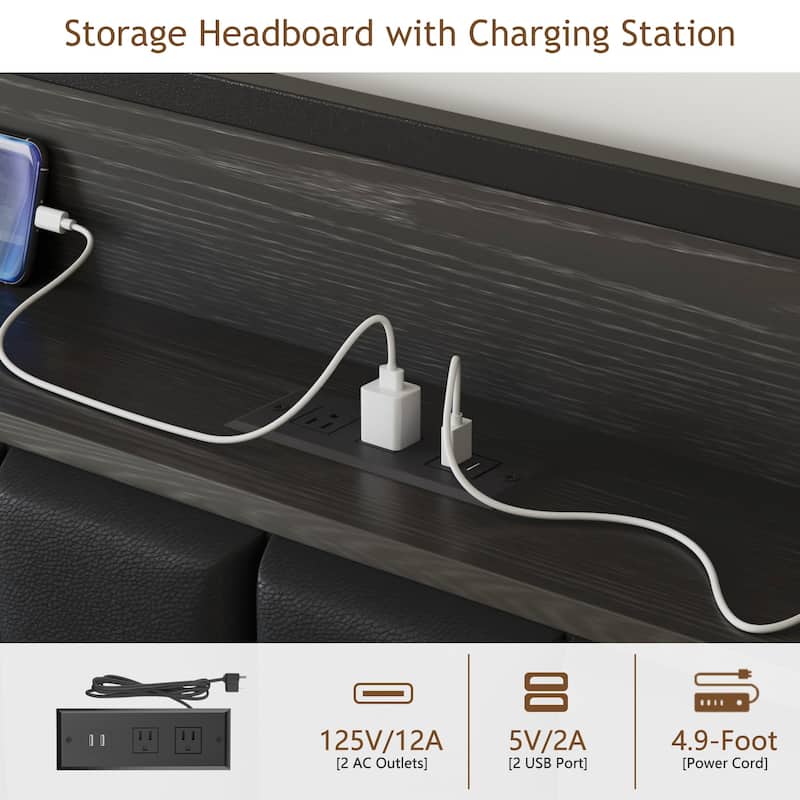 VECELO Upholstered Platform Bed Frame with Storage Headboard and USB AC Ports Charging Station Sturdy Quiet Bed for Bedroom