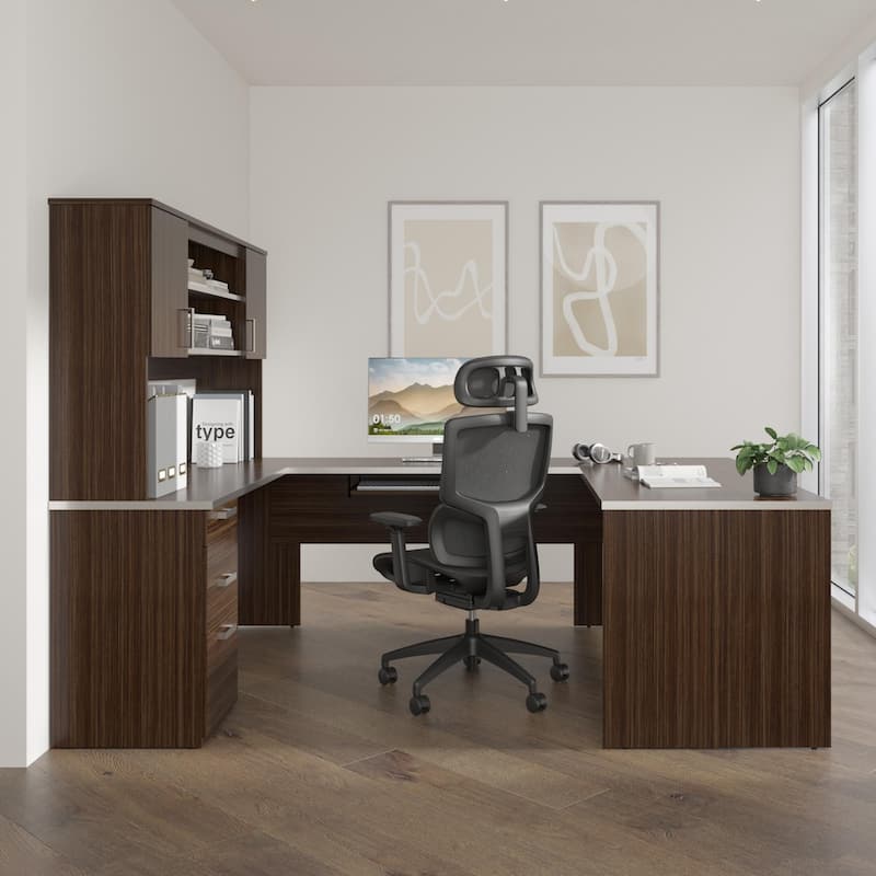 Bestar Ridgeley U-Shaped Office Desk with Cabinet and Hutch
