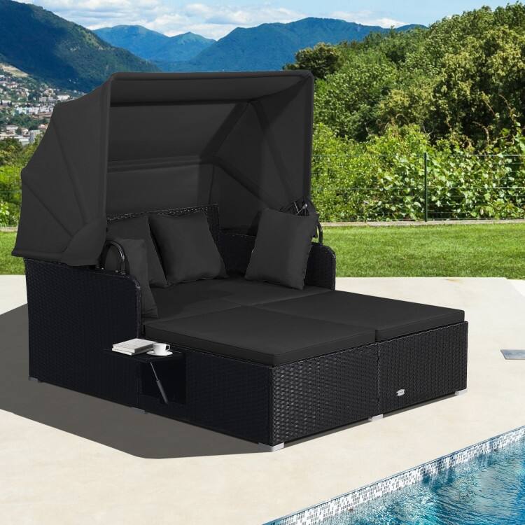 Outdoor Patio Daybed with Canopy and Foldable Side Trays - 65" x 60.5 x 58.5"
