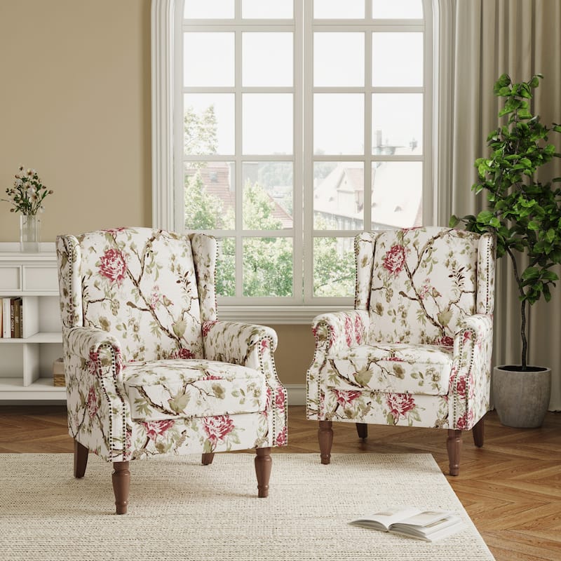 2 Set Transitional Patterned Wingback Accent Chairs with NailHead