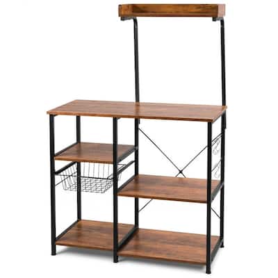4-tier P2 Standard MDF Kitchen Baker's Rack, Spice Rack Organizer with Basket and 5 Hooks, Supporting Can Hold up to 129lbs