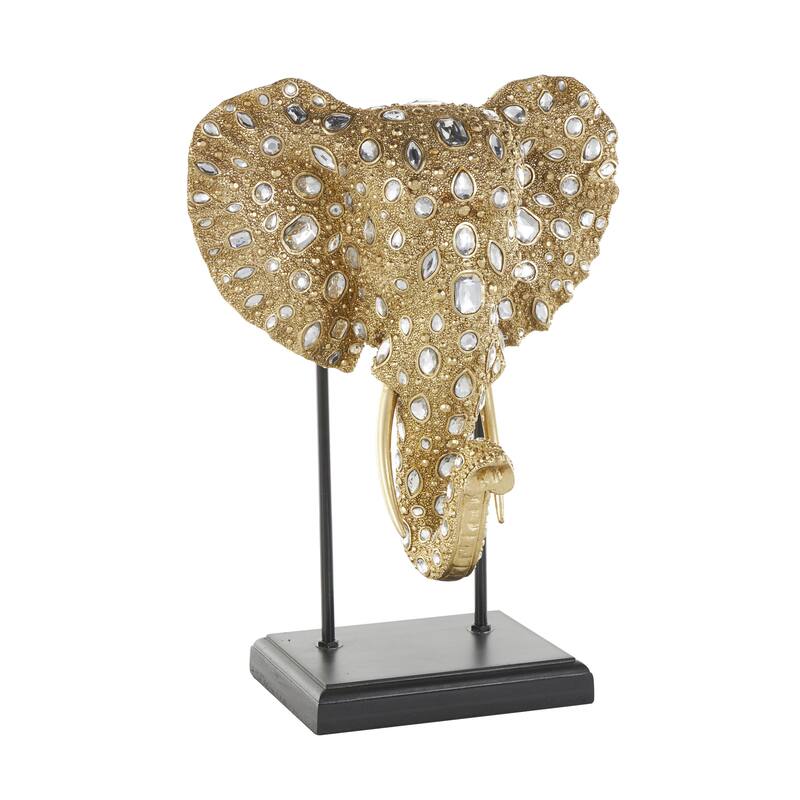 Resin Elephant Beaded Decorative Sculpture with Rhinestone Accents and Black Metal Stand - Gold - Roche River Decor
