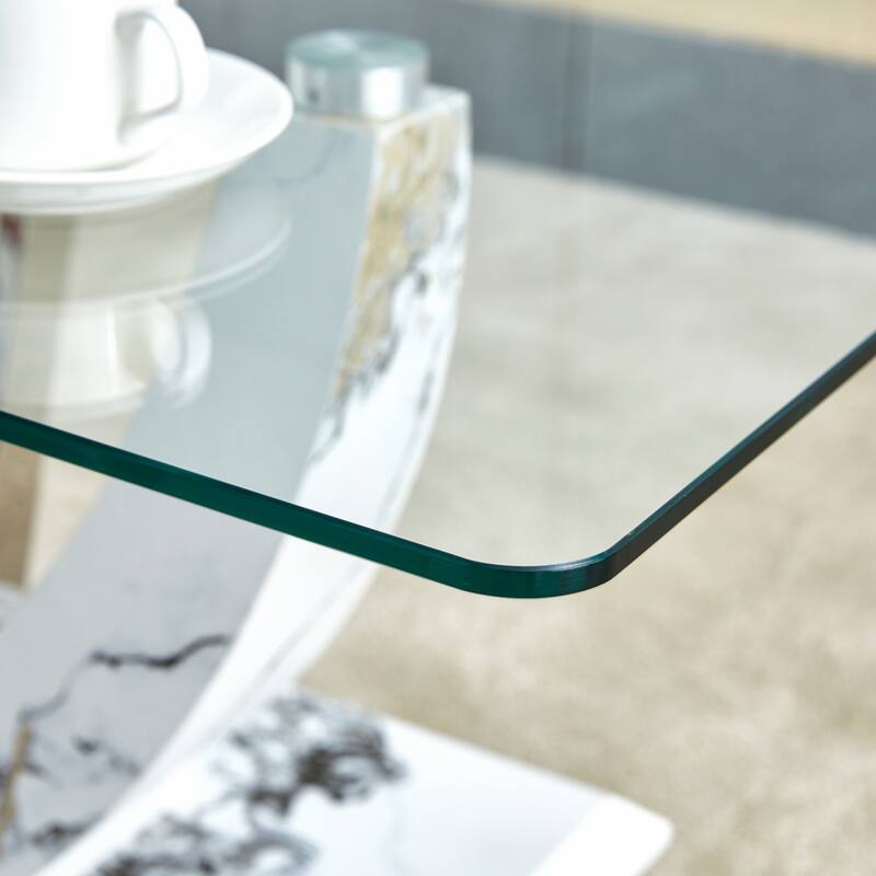 glass coffee table with marble patterned MDF legs and stainless steel decorative columns