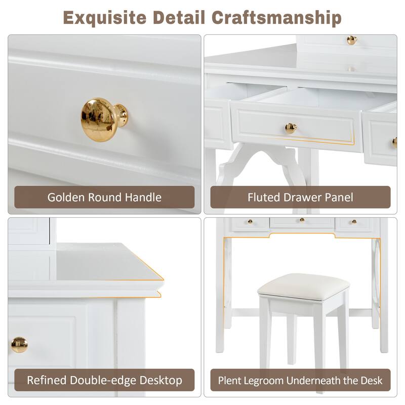 2-Piece Makeup Vanity Desk Set with PU Upholstered Stool, 5 Drawers Vanity Table Dressing Table with Swivel Vanity Mirror, White