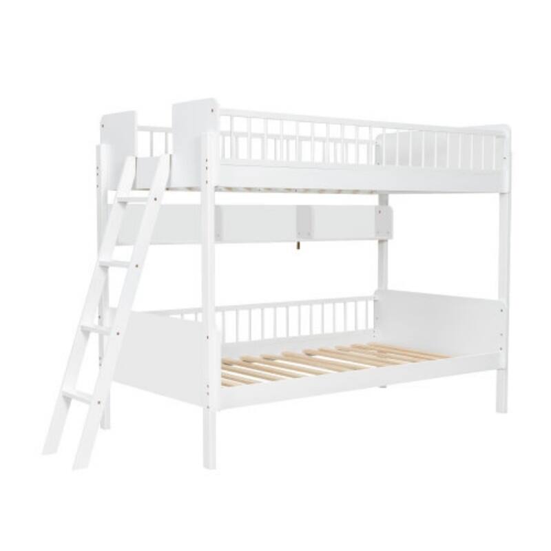 Twin Wooden Bunk Bed with 3 Storage Shelves & Adjustable Ladder