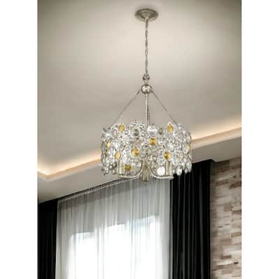 HomeRoots Silver Three Light Metal and Crystals Dimmable Chandelier With Silver Shades - 20.5' X '24.5' X '20.5