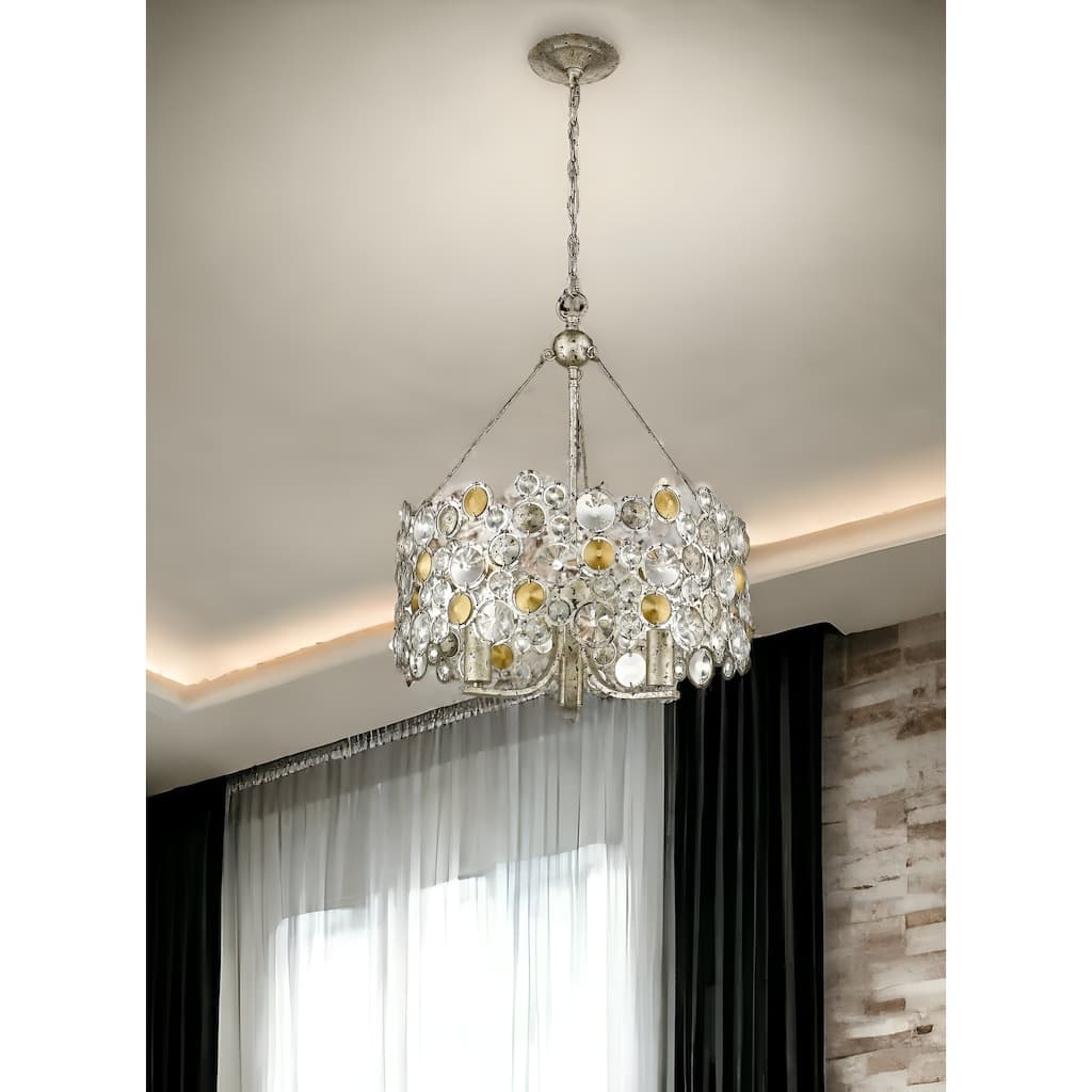 HomeRoots Silver Three Light Metal and Crystals Dimmable Chandelier With Silver Shades - 20.5' X '24.5' X '20.5