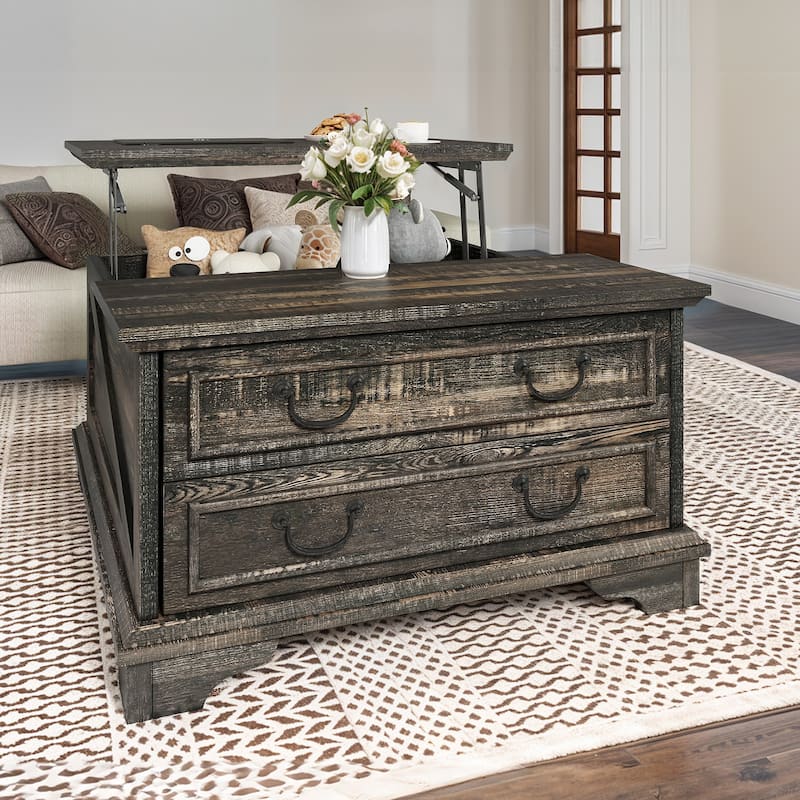 Moasis Lift Top Coffee Table Farmhouse Wood Central Table for Living Room with 2 Drawers and Hidden Storage Compartment