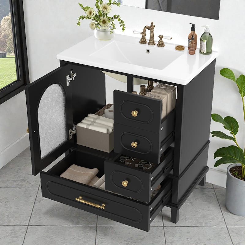 30" Bathroom Vanity with Sink, Freestanding Wood Cabinet with 3 Drawers and Semi-Transparent Door, Single Vanity