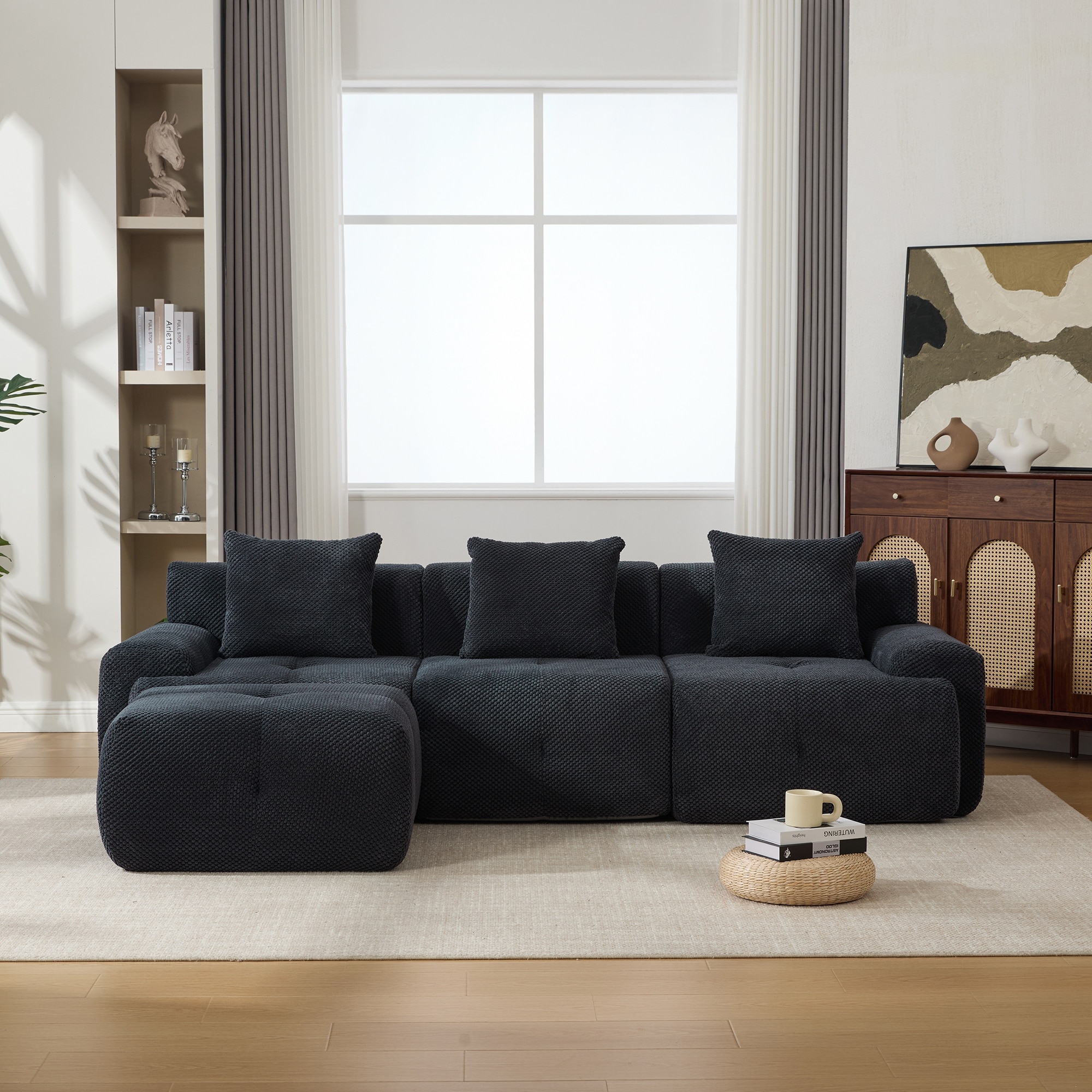 Modular L Shaped Sectional Sofa with Ottoman, Oversized Boneless Cloud Tufted Couch, Upholstered 3-Seater Sofa with 3 Pillows