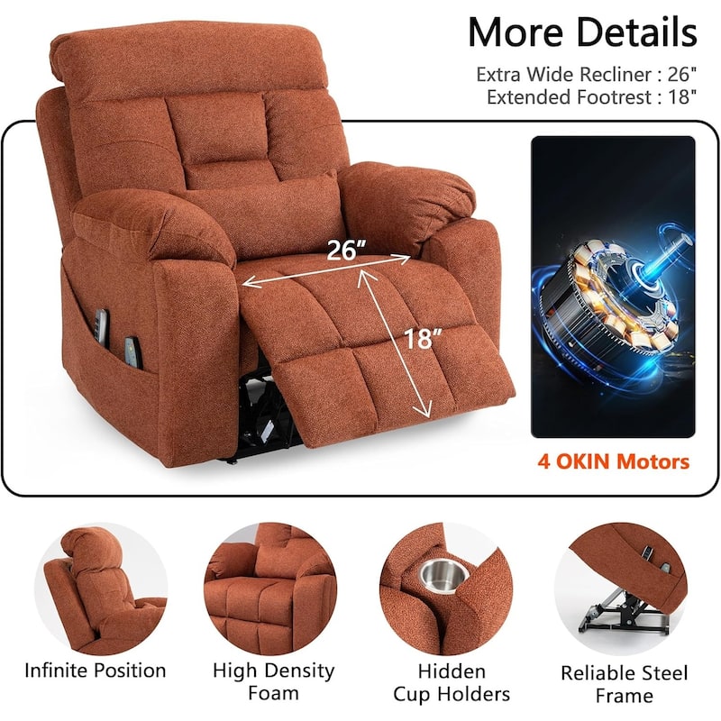 Luxury Electric Lift Recliner with Heat, Massage, 180° Recline, 4 OKIN Motors, Dual Remotes, and Cup Holders.