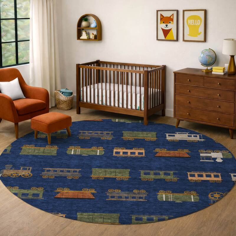 Machine Washable Indoor/ Outdoor Modern Train Chantille Rug
