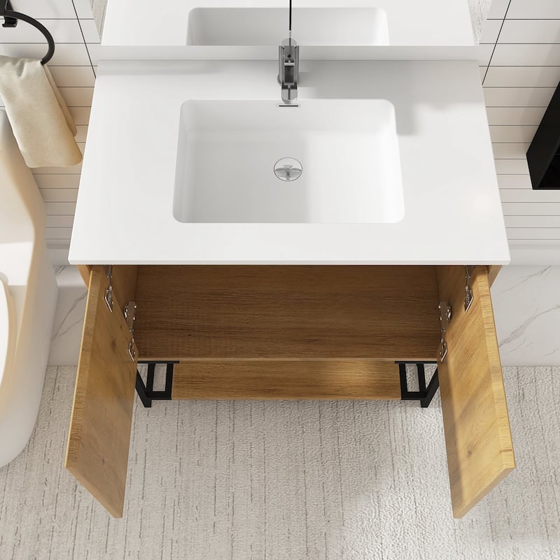 Freestanding Bathroom Vanity Set in Oak with Integrated Solid Surface Sink