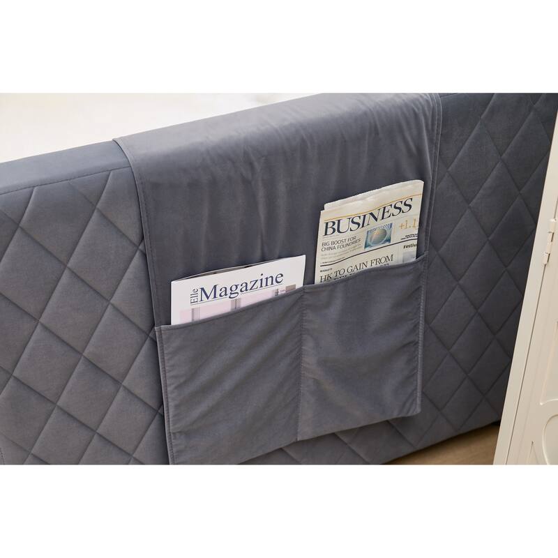 Twin Size Upholstered Daybed with Trundle, Velvet Sofa Bed with USB Port & Side Pockets, Modern V-Grained Backrest Guest Bed