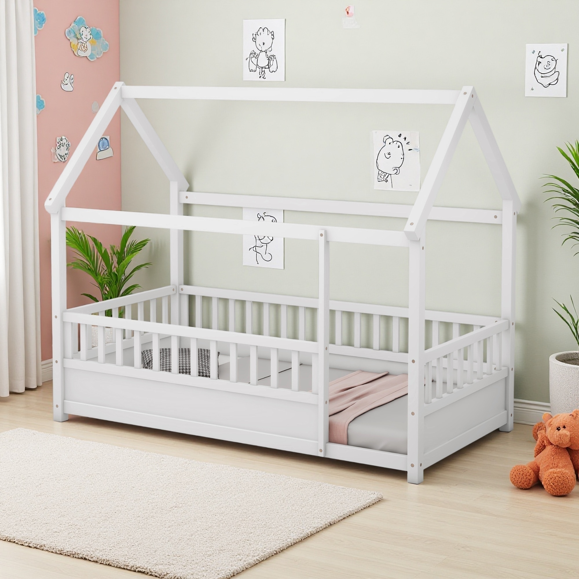 Pine Wood Floor Canopy Bed with House Roof Frame, and Fence Guardrails