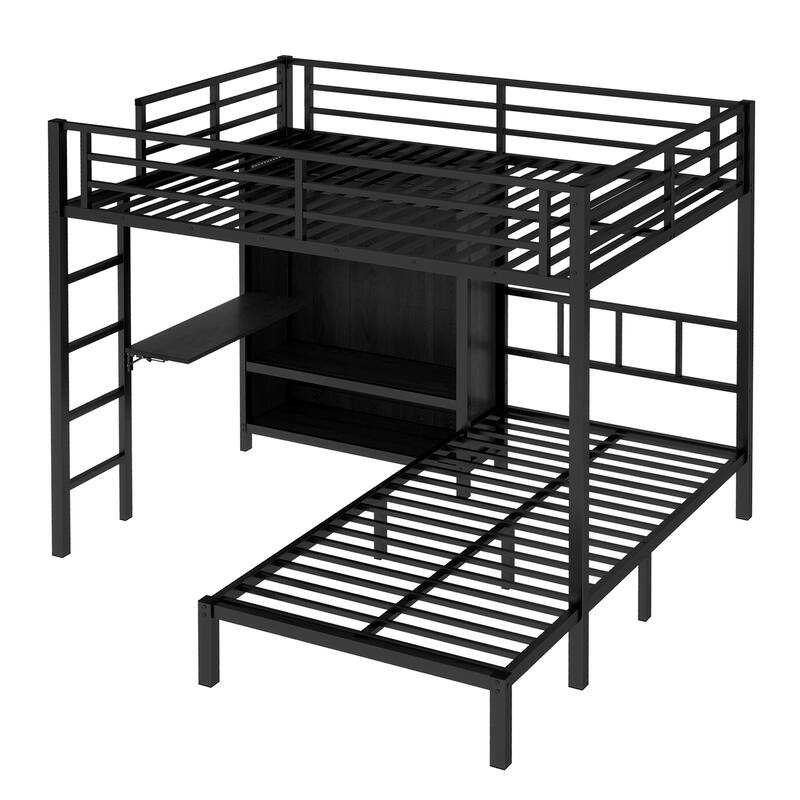 Roomfitters Full XL over Twin Metal Bunk Bed with Folding Desk, Built-in Closet & LED Lighting, Space-Saving Frame, Black