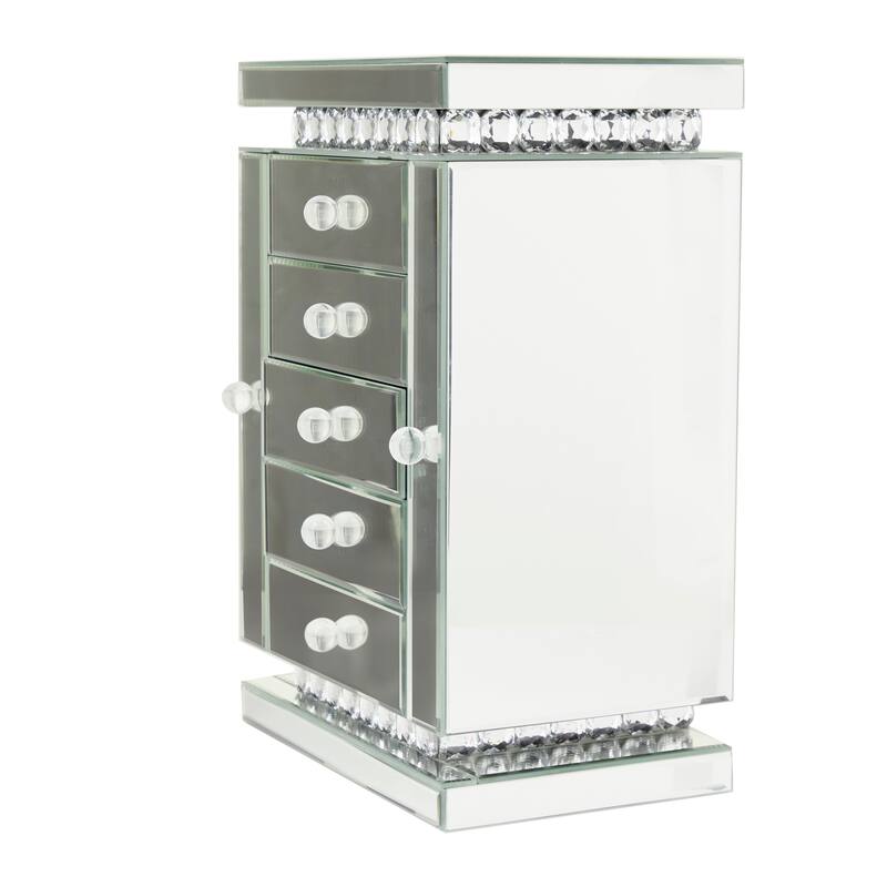 Glass or Wooden Mirrored 5 Drawers Jewelry Box with Crystal Embellishments - Silver - Roche River Decor