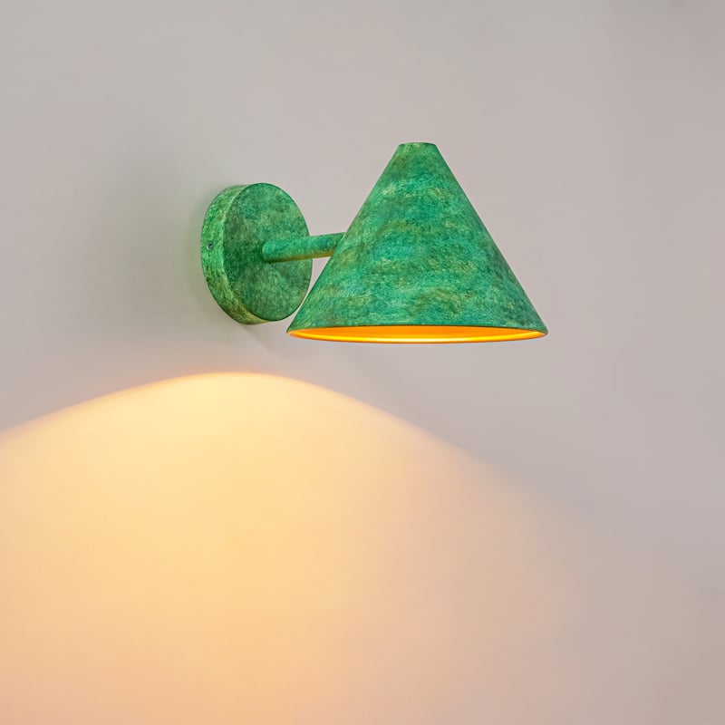 Rennnsan 1-Light Farmhouse Distressed Green Metal Shade Cone Wall Sconce with Gold Interior Accent