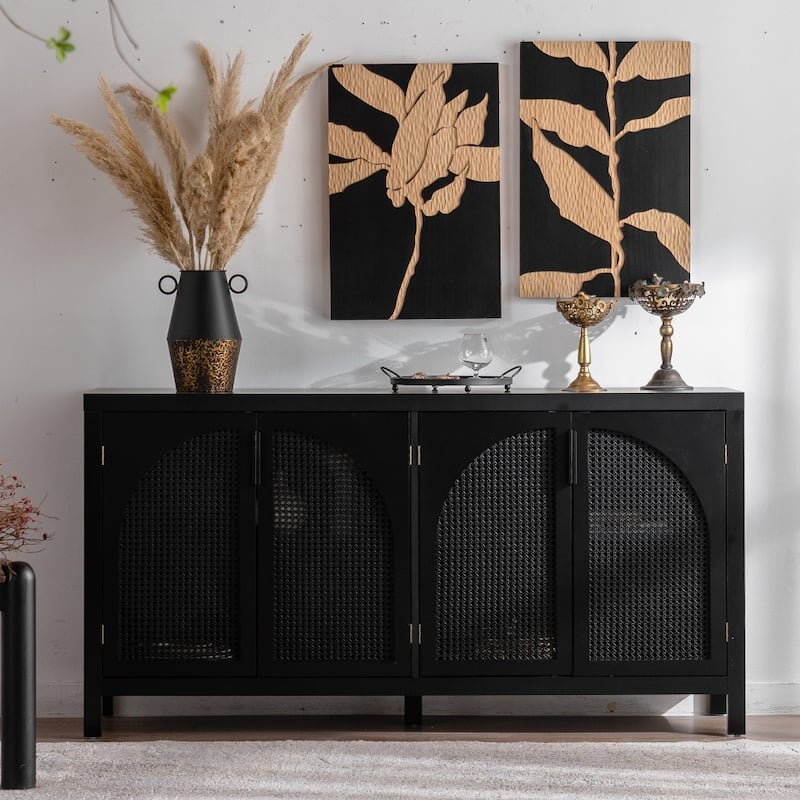 Modern Accent Sideboard Buffet Cabinet with Rattan Doors and Adjustable Internal Shelf - 57.87''x13.97''x30.2''