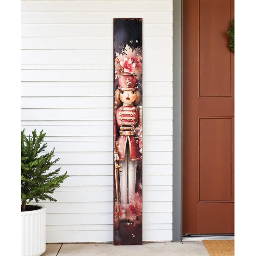 HomeRoots 72" Black And Pink Solid Wood Christmas Female Nutcracker Porch Sign