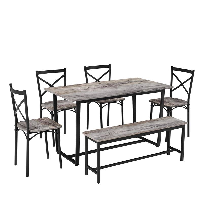 Retro Breakfast Nook Gray Dining Set with Bench and 4 Chairs, 6-Piece Industrial Dining Set with Bench - Gray
