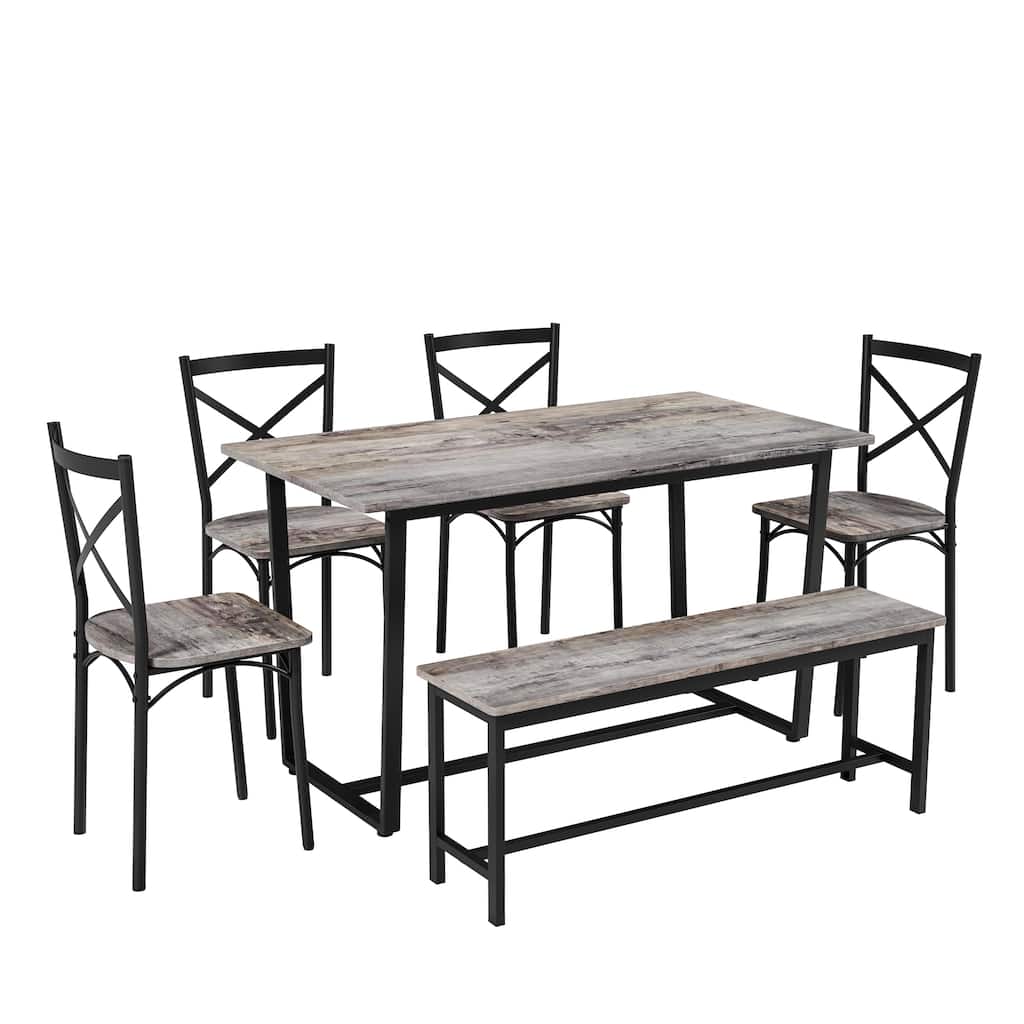 Retro Breakfast Nook Gray Dining Set with Bench and 4 Chairs, 6-Piece Industrial Dining Set with Bench