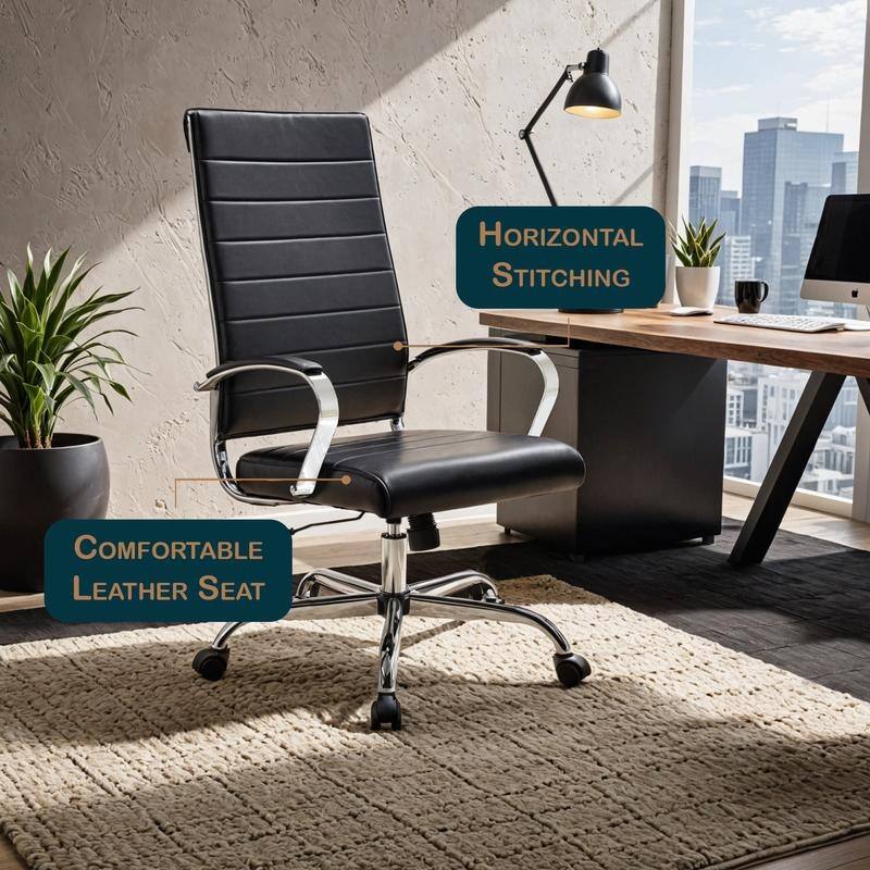 Benmar High-Back Leather Office Desk Chair in Stainless Steel Frame Adjustable Height Tilt Lock 360 Swivel Ergonomic Chair