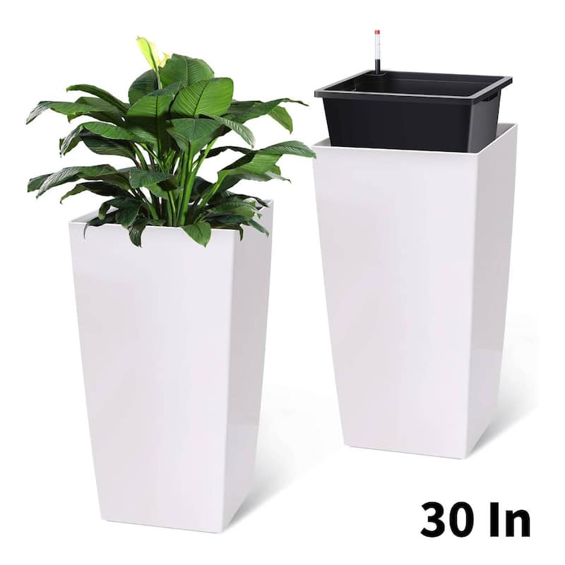 30" Set of 2 Self-Watering Planters, Flower Pots for Front Porch, Patio & Garden - White
