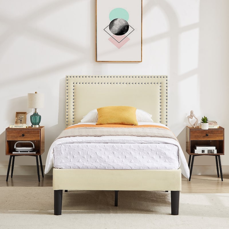 VECELO 3-Pieces Upholstered Platform Bed Frame with Adjustable Headboard and Nightstands Set of 2, Beige - Brown - Twin