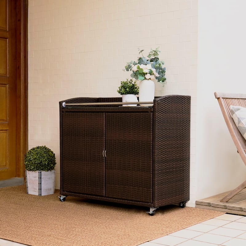 Teamson Home 39.5" Veronica Rolling Outdoor PE Rattan Bar Cart with Storage - Brown