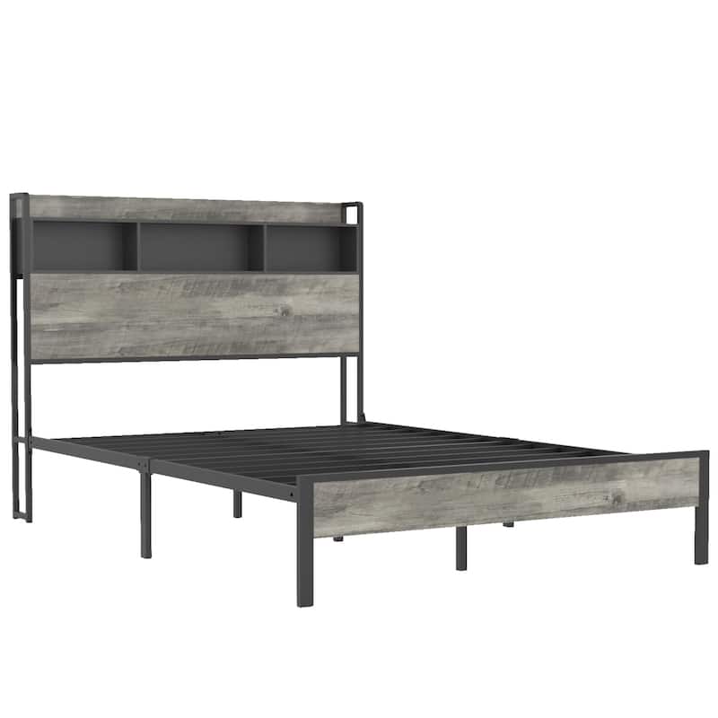 Metal Slats Frame Support Platform Bed with Storage Headboard Built-in Charging Station, Low Profile Bed