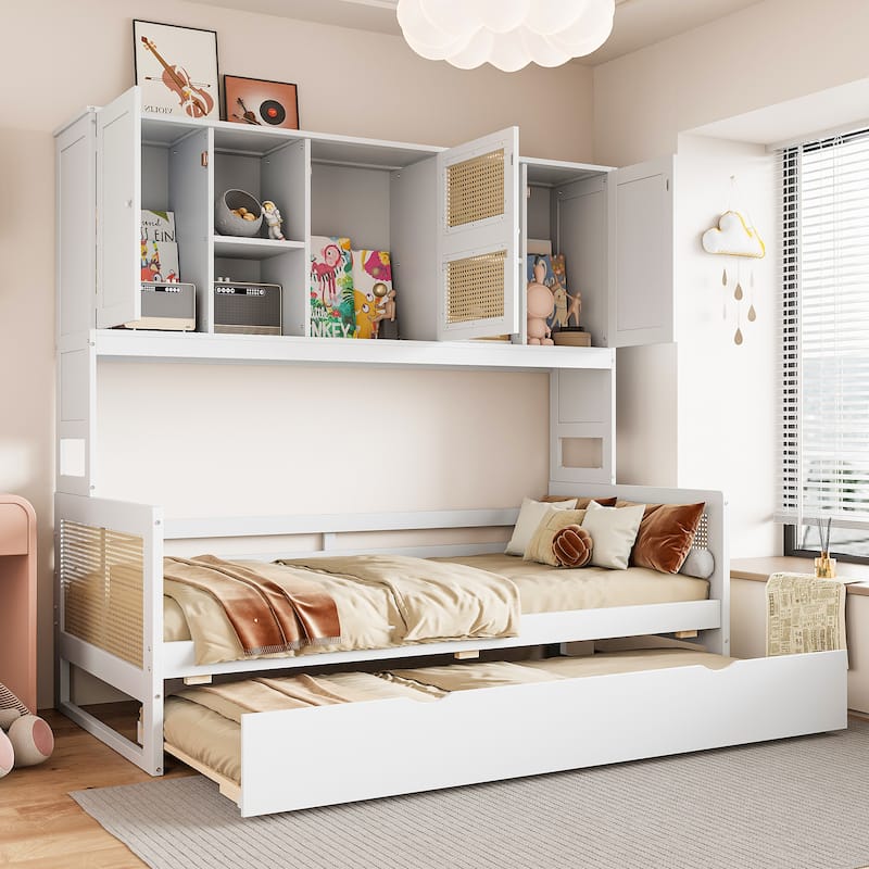 Full/Twin Size Wooden Daybed With Twin Size Trundle, All-in-One Cabinet and Shelf
