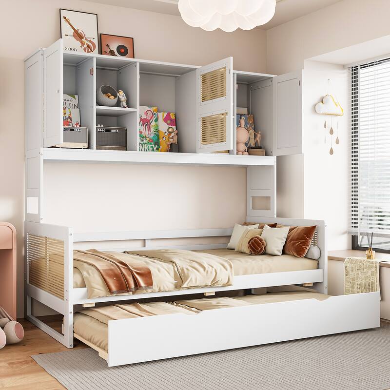 Wooden Daybed with Twin Trundle, Boho Style Rattan and Pinewood Platform Sofa Bed with All in One Cabinet and Shelf - White - Twin