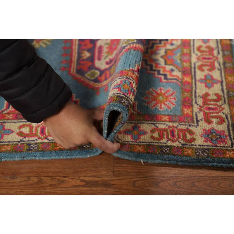 Light Blue Geometric Kazak Foyer Rug Traditional Handmade Wool Carpet - 2'0" x 3'0"