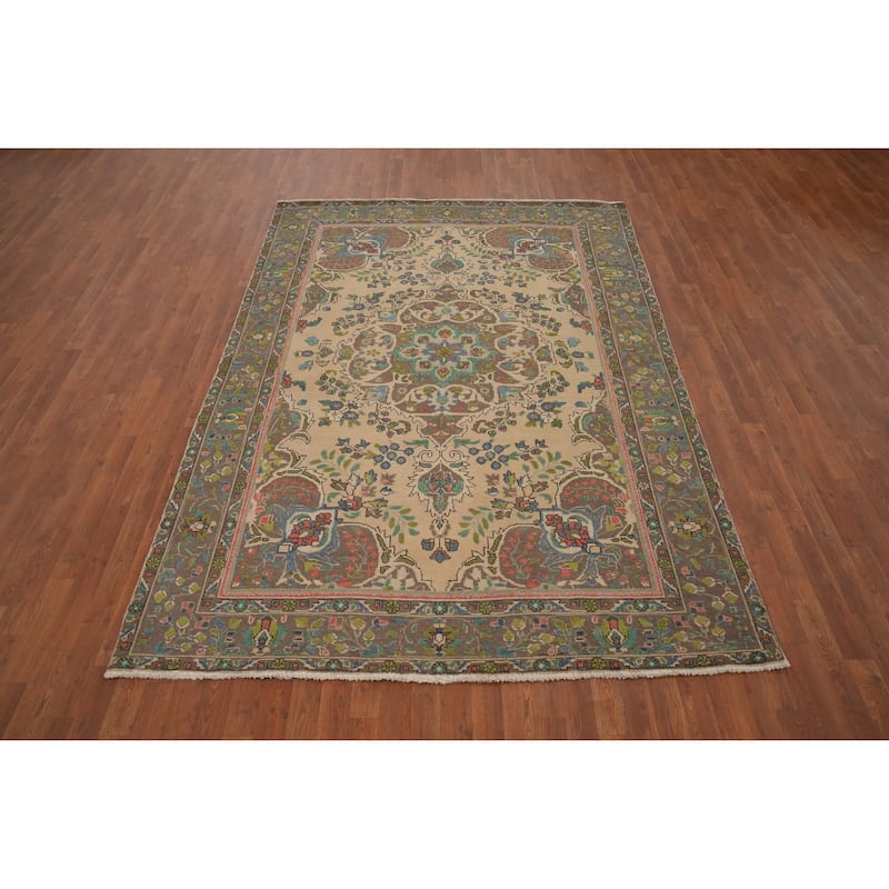 Hand Knotted Oriental 100% Wool Carpet Traditional Floral Beige & Ivories Tabriz Area Rug - 9' 5'' X 6' 5''