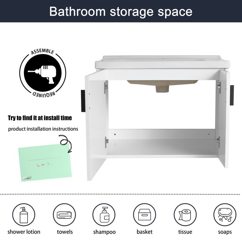 Malwee 24"/28" Floating Bathroom Vanity, Wall Mounted Bathroom Vanity with Ceramic Sink and Soft Close Door