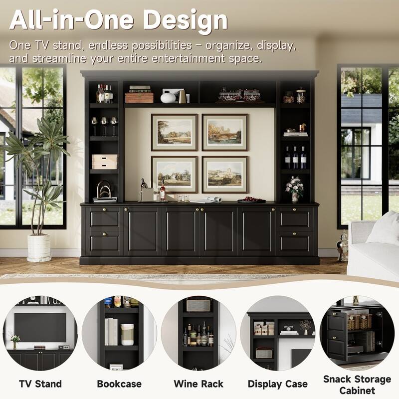 Mid-Century Modern Wall Unit Entertainment Center With Bookshelf For Tvs Up To 70", 94.8" TV Stand With Adjustable Shelf