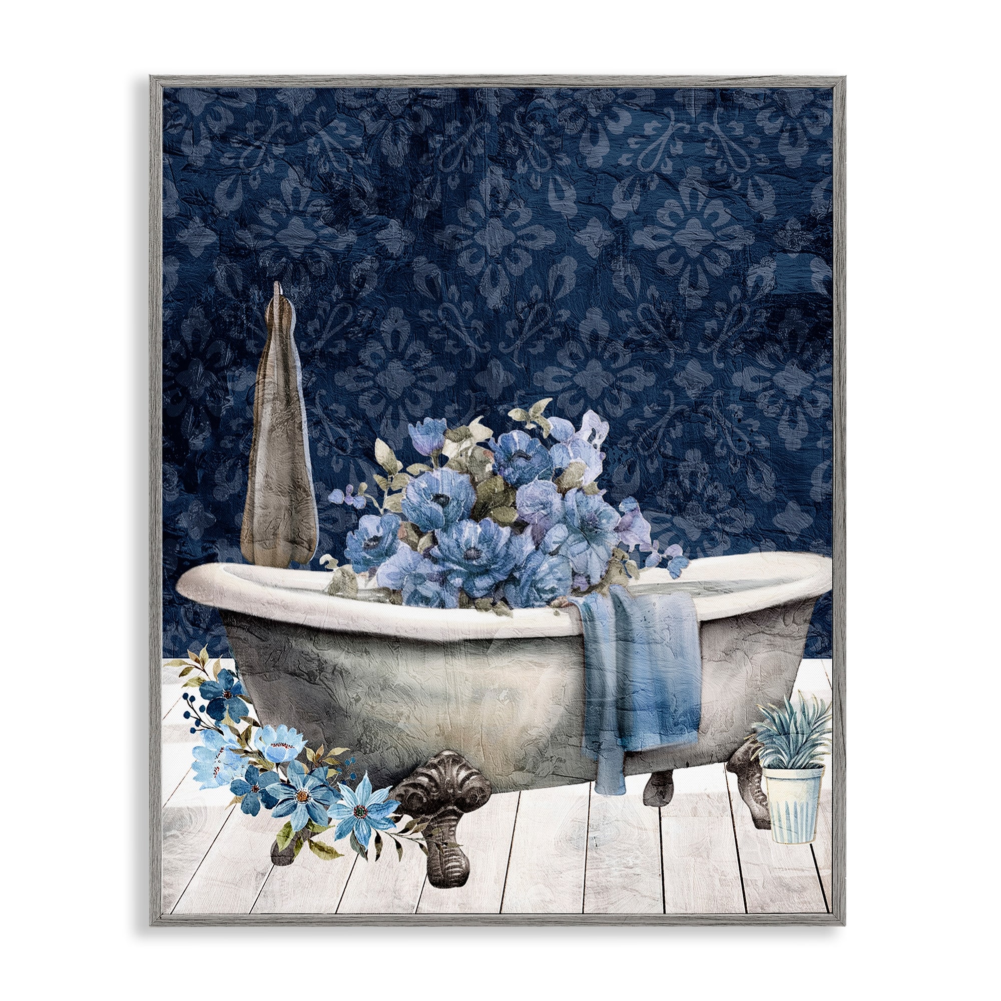 Stupell Blue Bath Floral Tub Framed Giclee Art Design By Kim Allen