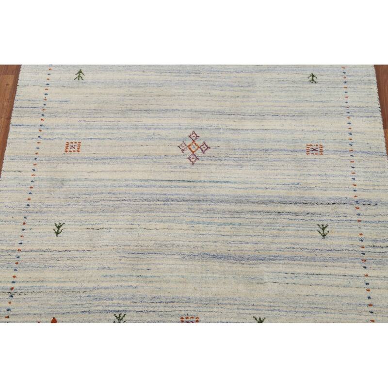 Ivory & Blue Striped Gabbeh Accent Rug Hand-Knotted Wool Carpet - 4'0"x 5'9"