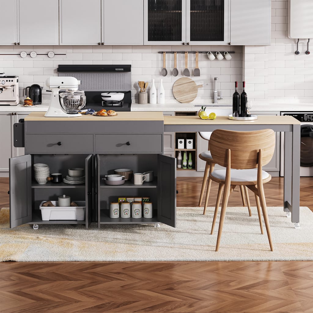 Grey Kitchen Island with Extendable Dining Table, Rolling Kitchen Island with Spice Rack and 2 Drawers