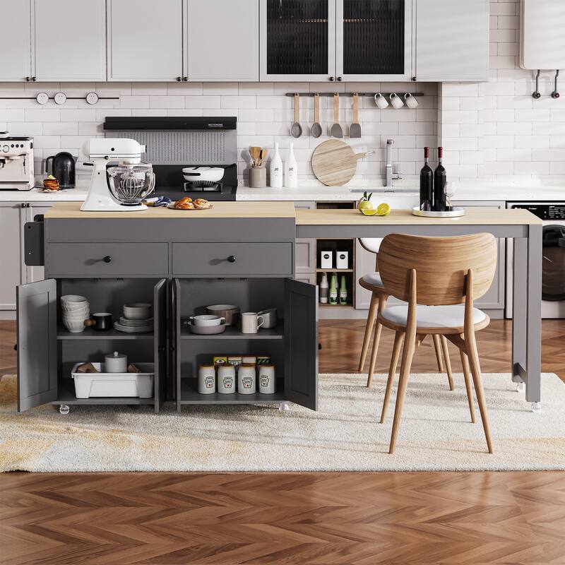 Kitchen Island with Extendable Dining Table, Rolling Island Cart on Locking Wheels, Breakfast Bar with 2 Drawers & 4 Door