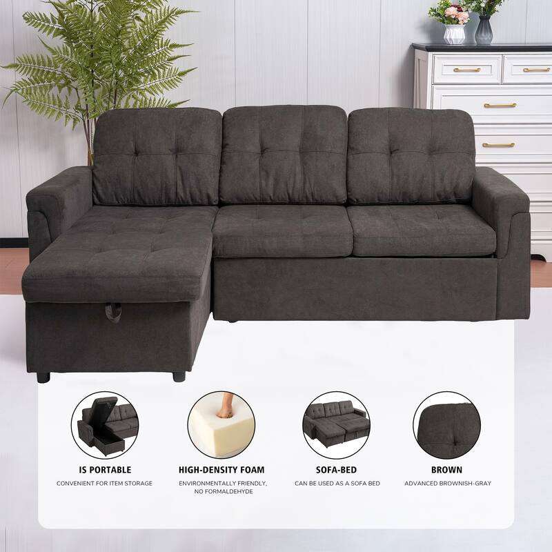 Upholstered Sleeper Sofa, L Shaped Sectional Couch with Reversible Storage, Convertible Corner Lounge Couches Pull Out Sofa bed