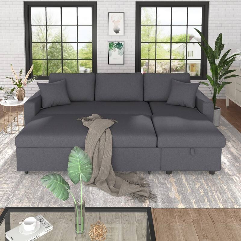 87.44" Upholstery Sectional Sofa Sleeper with Storage Space, 2 in 1 Pull-Out Sofa Bed